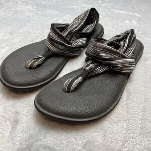 Sanuk Yoga Mat Sandals Womens 9 Black Stripe Slingback Platform Comfort Thongs